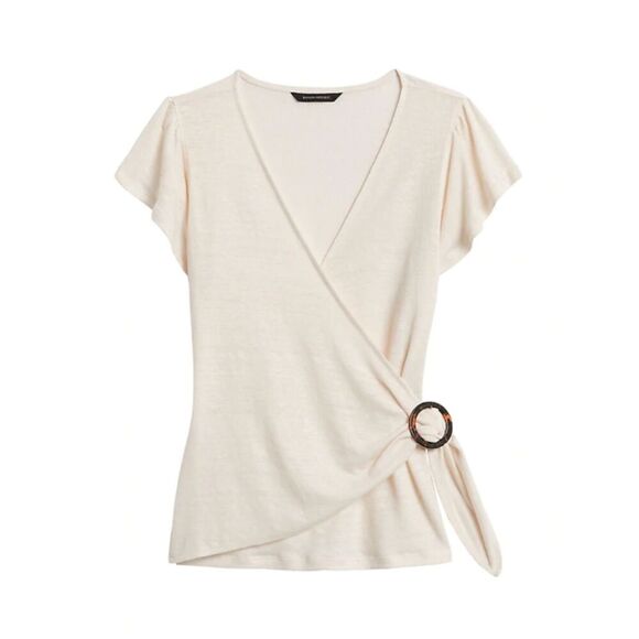 Beige Banana Republic Linen Wrap-Front Flutter Sleeve Top (NWT) - Picture 1 of 1